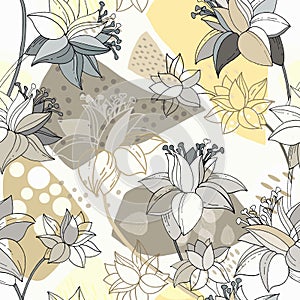 Hand-drawn seamless pattern with abstract flowers, stones and sand