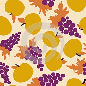 hand drawn seamless pattern with apples fruits purple grapes in simple minimalist shape design for food labels packaging