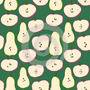 Hand drawn seamless pattern with apples pears fruits on green background painted in simple minimalist shape design for