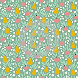 Hand drawn seamless pattern with apples pears fruits on pastel green background in simple ditsy shape design for food