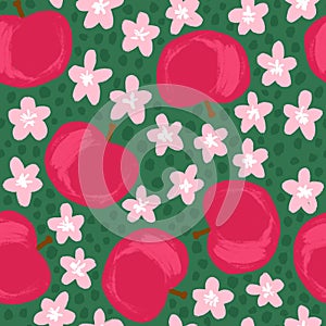 Hand drawn seamless pattern with apples red fruits with pink flowers on green background painted in simple minimalist