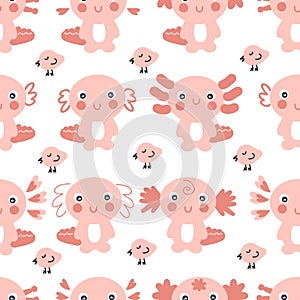 Hand drawn seamless pattern with axolotls and small birds. Perfect for T-shirt, textile and prints.