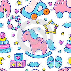 Hand drawn seamless pattern with baby colorful toys and accessories in doodle style on white background