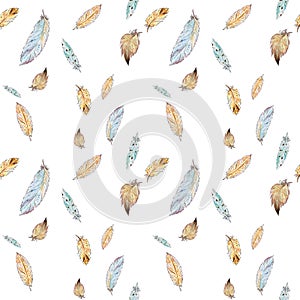 Hand drawn seamless pattern with birds feathers
