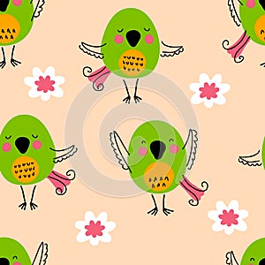 Hand drawn seamless pattern with birds and flowers. Perfect for T-shirt, textile and print. Doodle vector illustration for decor
