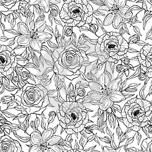 Hand drawn seamless pattern of blooming black and white peony, rose, lily. Flowers and branches with leaves. Decorative floral