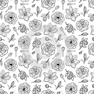 Hand drawn seamless pattern of blooming black and white peony, rose, lily. Flowers and branches with leaves. Decorative floral