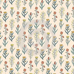 Hand drawn seamless pattern of blooming flowers and leaves. Floral colorful summer collection. Decorative doodle illustration for