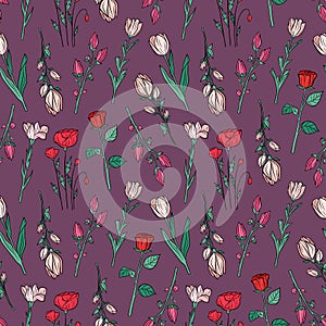 Hand drawn seamless pattern of blooming magnolia, iris, poppy flower, rose, tulip. Floral collection on a purple background.