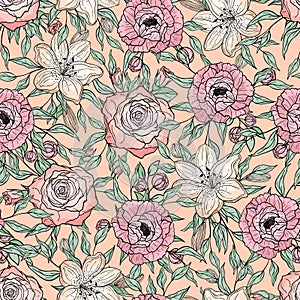 Hand drawn seamless pattern of blooming peony, rose, lily. Colorful flowers and branches with leaves. Decorative floral vector