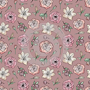 Hand drawn seamless pattern of blooming peony, rose, lily. Colorful flowers and branches with leaves. Decorative floral vector