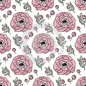 Hand drawn seamless pattern of blooming pink peonies. Colorful flowers and branches with leaves. Decorative floral vector