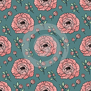 Hand drawn seamless pattern of blooming pink peonies. Colorful flowers and branches with leaves. Decorative floral vector