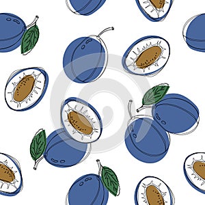 Hand drawn seamless pattern with blue plums. Vector illustration. Good for background, wallpaper, textile, wrap and etc.