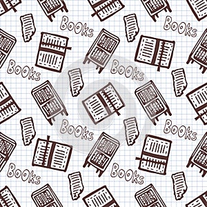 Hand drawn seamless pattern with books and bookcase. School library background.