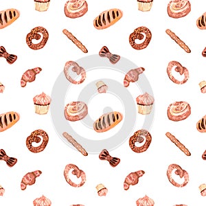 Hand drawn seamless pattern of bread and bakery products.