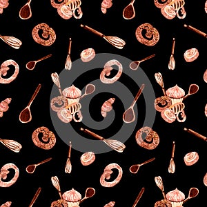 Hand drawn seamless pattern of bread and bakery products.