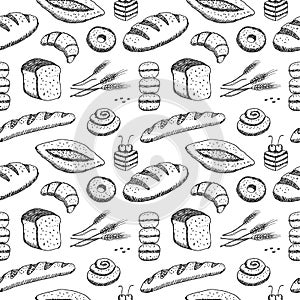 Hand drawn seamless pattern of bread and bakery products. Baked goods background.