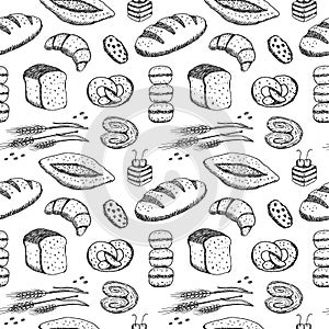 Hand drawn seamless pattern of bread and bakery products. Baked goods background.