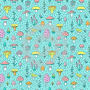 Hand drawn seamless pattern with cartoon mushroom and toadstools. Vector illustration.