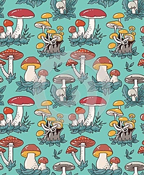 Hand drawn seamless pattern with cartoon mushroom and toadstools. Vector illustration for fabric or wrap paper design.