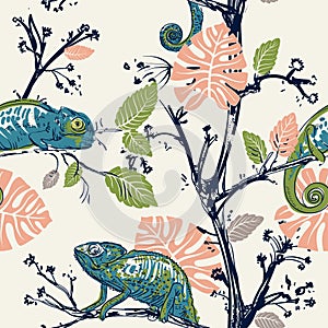 Hand drawn seamless pattern with chameleons and plants. Hameleons are sitting on the branches. Tropical wallpaper