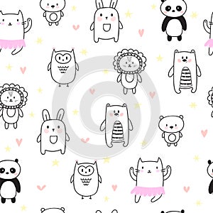 Hand drawn seamless pattern for children. Background for cute little boys and girls with funny animals. Doodle children drawing ba