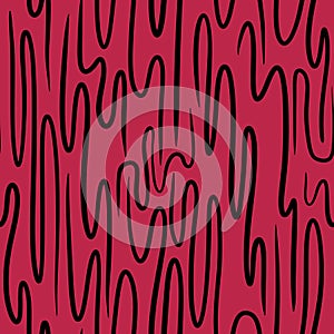 Hand drawn seamless pattern of color 2023 magenta abstract geometric background. Red purple with black line doodle