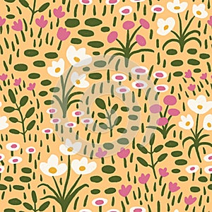 Hand drawn seamless pattern with colorful meadow flowers on yellow background. Bright funny print for nursery kids