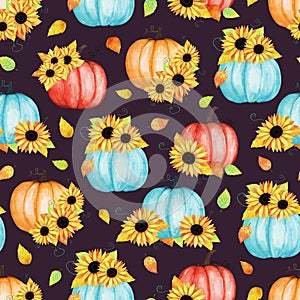 Hand drawn seamless pattern of composition blooming sunflowers, pumpkins, leaves. Decorative colorful autumn watercolor