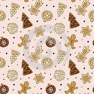 Hand drawn seamless pattern with cookie. Cute gingerbread repeating wallpaper.