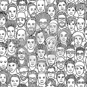 Hand drawn seamless pattern of a crowd of diverse men