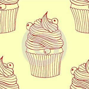 Hand drawn seamless pattern cupcakes with berries