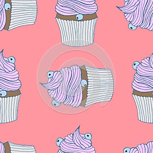 Hand drawn seamless pattern cupcakes with berries