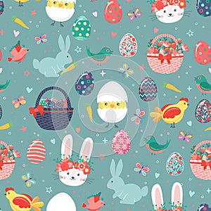 Hand drawn seamless pattern of cute Easter eggs, chicken, rabbit, bunny, chick in eggshell, flowers, butterfly, baskets, carrots,