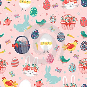 Hand drawn seamless pattern of cute Easter eggs, chicken, rabbit, bunny, chick in eggshell, flowers, butterfly, baskets, carrots,