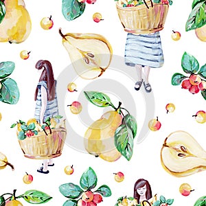 Hand-drawn seamless pattern with cute girl and basket with yellow pears, crab apples