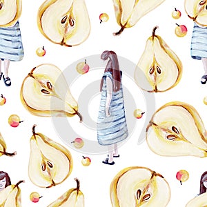 Hand-drawn seamless pattern with cute girl and cross section of yellow pears