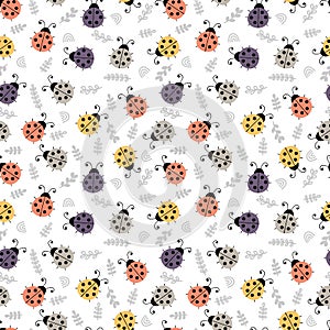 Hand drawn seamless pattern with cute ladybugs. Lovely floral background. Simple graphic design. Scandinavian style