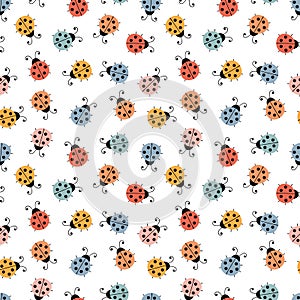 Hand drawn seamless pattern with cute ladybugs. Simple graphic design. Lovely background. Scandinavian style