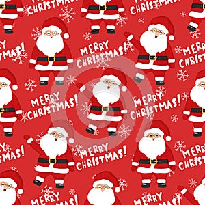 Hand drawn seamless pattern of cute smiling Santa Claus, snowflakes. Lettering Merry Christmas. New Year and Christmas character