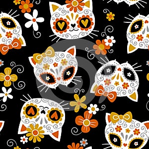 Hand drawn seamless  pattern with cute sugar cat skulls and flowers.