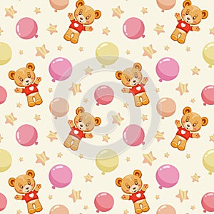 hand-drawn seamless pattern with cute teddy bears, balloons and stars.