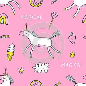 Hand drawn seamless pattern with cute unicorns, clouds and sweets