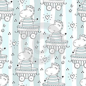 Hand drawn seamless pattern with Cute zebra In the trailer. Pattern print for kids