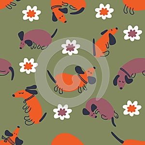 Hand drawn seamless pattern with dachshunds and flowers. Perfect for T-shirt, postcard, textile and print.