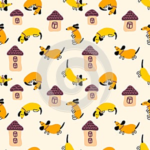 Hand drawn seamless pattern with dachshunds and houses. Perfect for T-shirt, postcard, textile and print. Doodle illustration