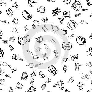 Hand drawn seamless pattern with decorative cooking icons. Vector sketch background with kitchen utensils, vegetables, cooking hob
