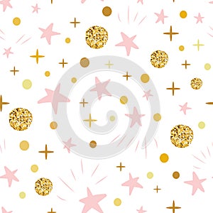 Hand drawn seamless pattern decoreted gold balls pink stars for Christmas backgound or baby shower