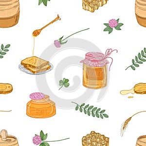 Hand drawn seamless pattern with delicious organic honey, dipper, bread slices, honeycomb, clover, jar and barrel on